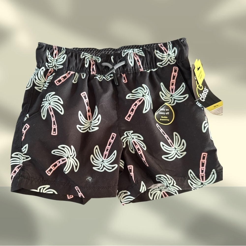Art Class Black Palm Print Swim Trunks with Pink & Mint Accents. Boys XS4/5